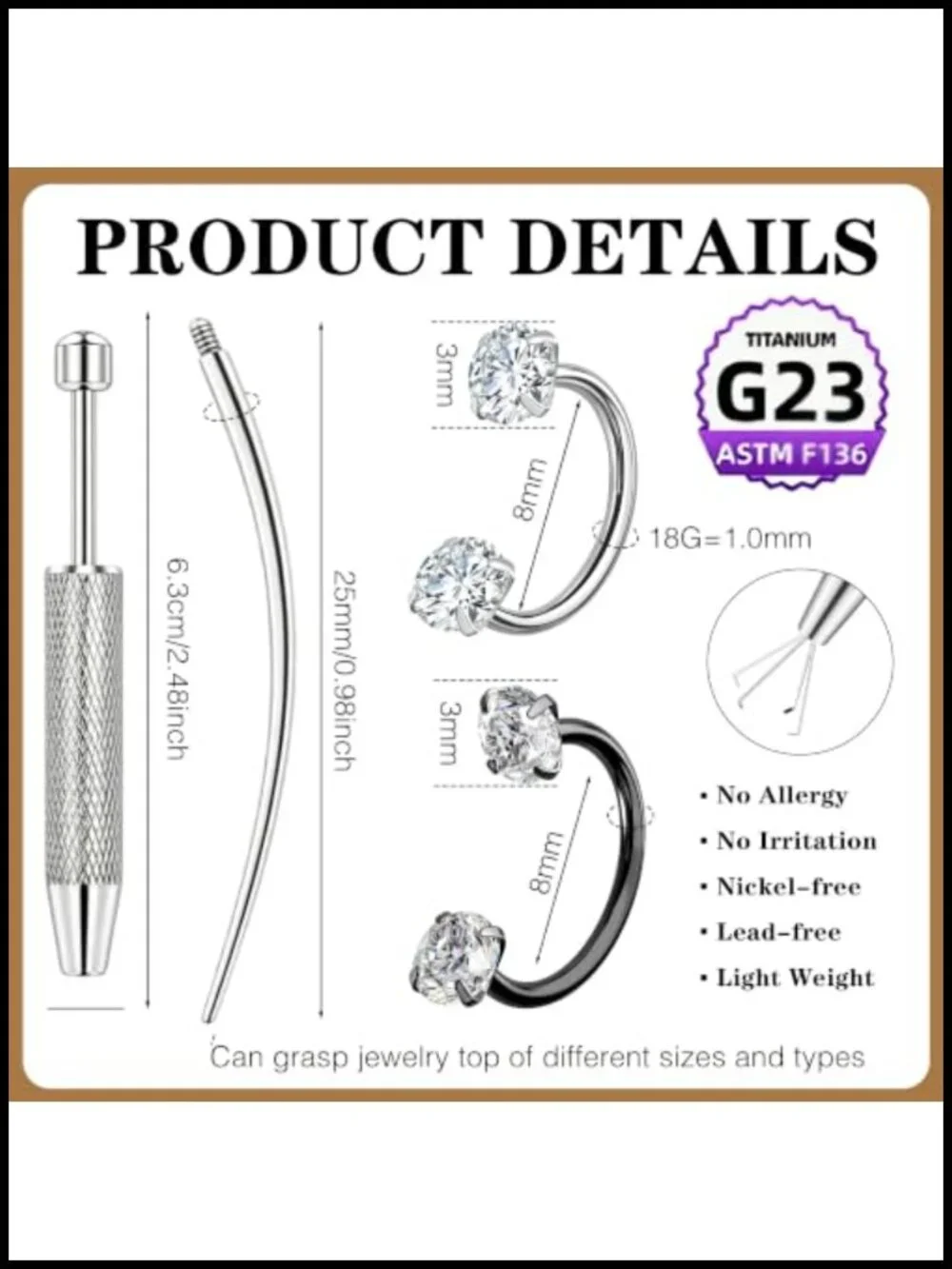 G23 Titanium Horseshoe Nose Ring 16G 18G 20G 8mm with Tools